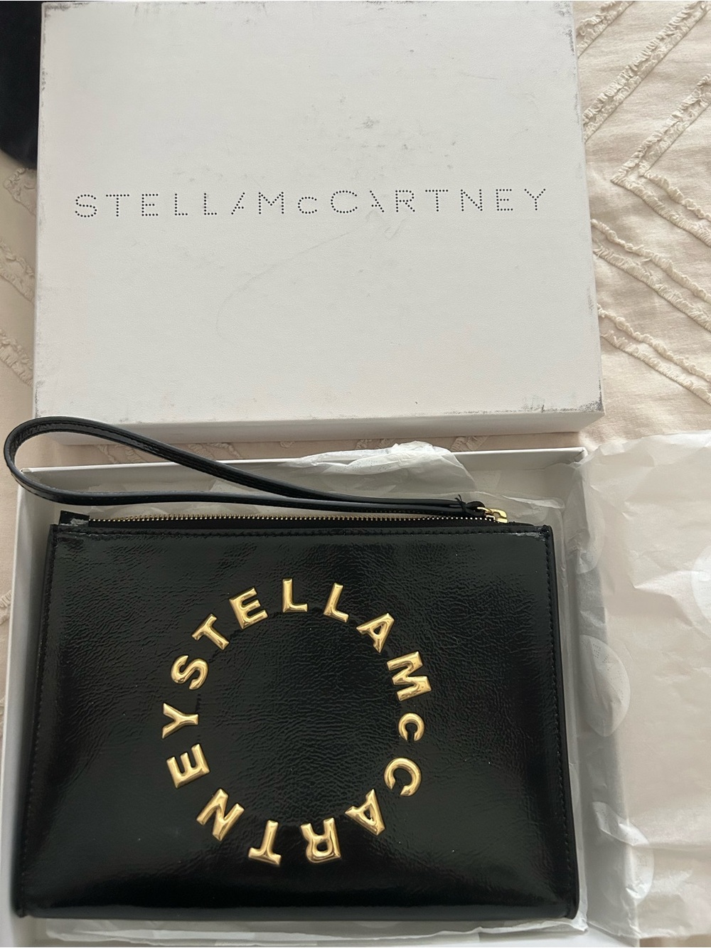 Stella McCartney Black Patent Logo Circle Wristlet